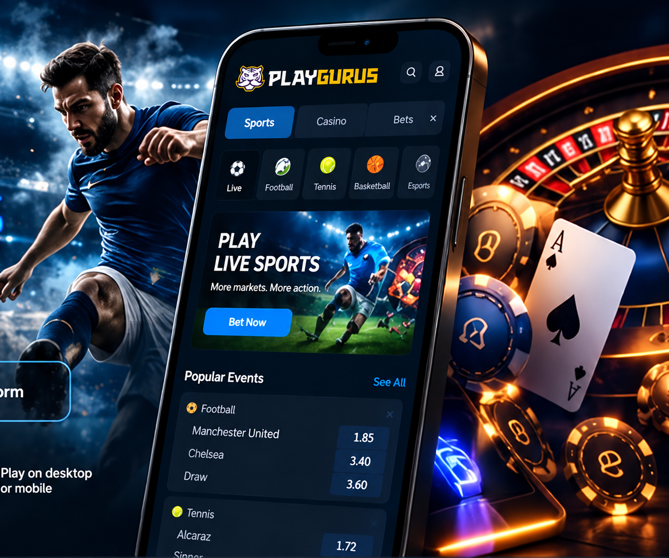 Sports stadium, mobile gaming interface and casino imagery